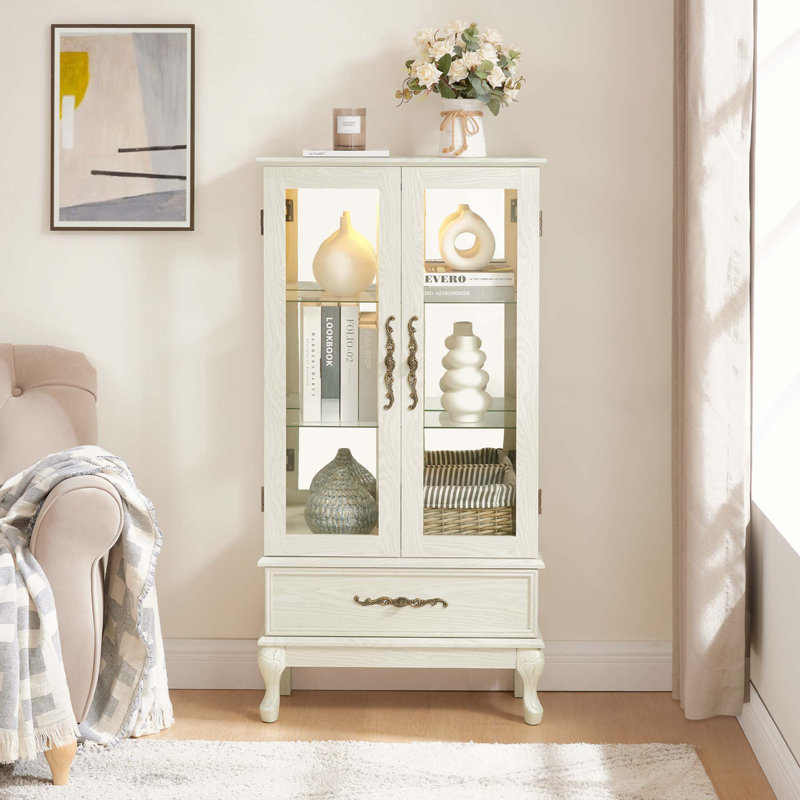 Lark Manor Curio Cabinet Lighted Glass Cabinet Glass Wine Cabinet Curio Display Cabinet With Adjustable Glass Shelves 2 Doors And 1 Drawer Cabinet Sideboard With Bulb Included Wayfair